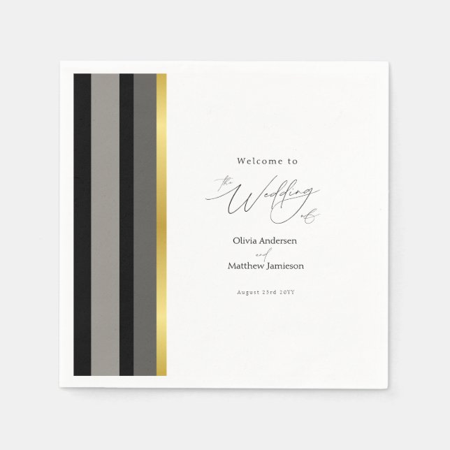 Elegante Typografie Schwarz-weiße Goldstreifen-Hoc Serviette (Vorderseite)