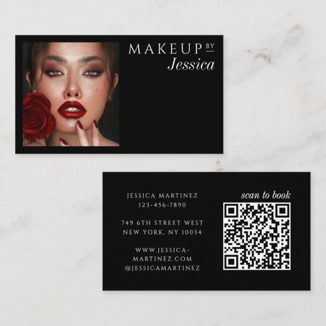 Elegante Typografie Schwarzer QR-Code Foto Make-up Visitenkarte (Vorne/Hinten)