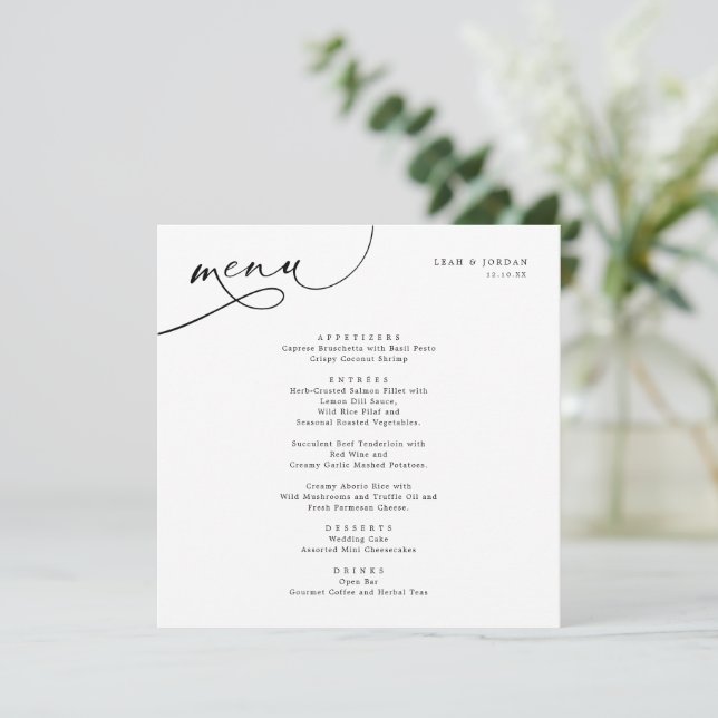 Elegante Typografie Square Wedding Menükarte (Stehend Vorderseite)