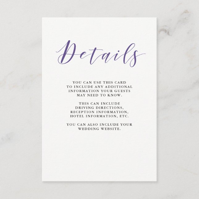 Elegante Typografie | Violet Guest Details Begleitkarte (Vorderseite)