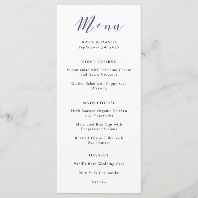 Elegante Typografie | Violet Wedding Menu Menükarte (Vorderseite)