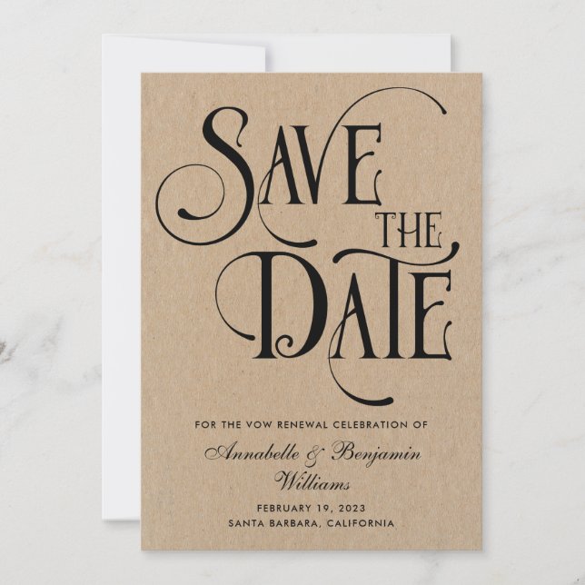 Elegante Typografie Vow Renewals Kraft Save The Date (Vorderseite)