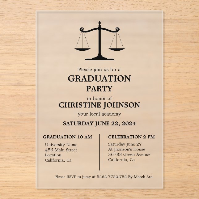 Elegante Typografy Law School Graduation Party Acryleinladungen (Vorderseite)