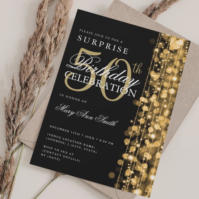 Elegante Überraschung 50. Geburtstag Glitzern Gold Einladung (Elegant Surprise 50th Birthday Sparkles Gold Invitation)
