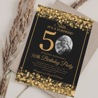 Elegante Überraschung Foto 50. Geburtstag Gold Gla Einladung