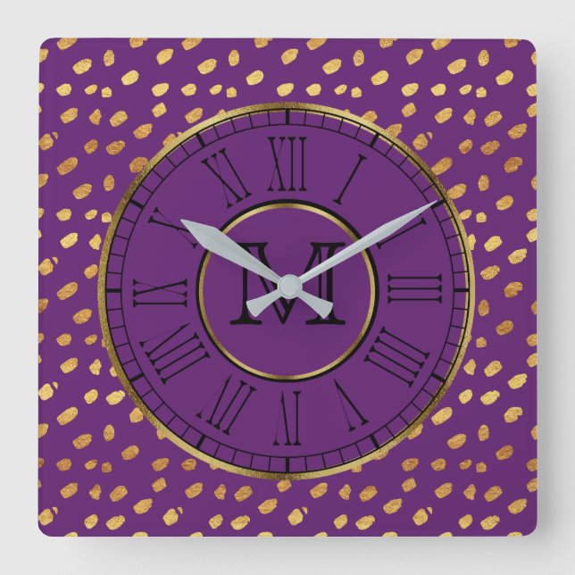 Elegante Uhr: Violet und Gold Wall Quadratische Wanduhr (Vorderseite)