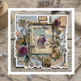 Elegante Ukiyoe-Collage-Kunst – Vintage JP Schönhe Aufkleber