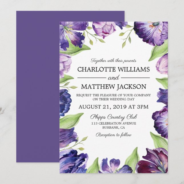 Elegante Ultra Violet Wasserfarben Hochzeit Einladung (Vorne/Hinten)