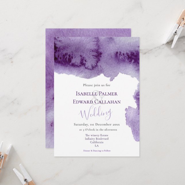 Elegante Ultra Violet Watercolor Splash Hochzeit Einladung (Vorderseite/Rückseite Beispiel)