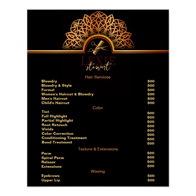 Elegante und klassische Friseur - Preisliste Poster (Vorderseite)