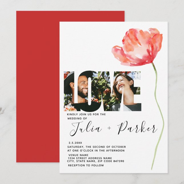 Elegante und moderne Modern Poppy Red Wedding Lieb Einladung (Vorne/Hinten)