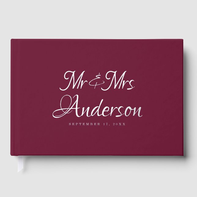 Elegante und moderne Script Burgundy Wedding Gästebuch (Vorderseite)