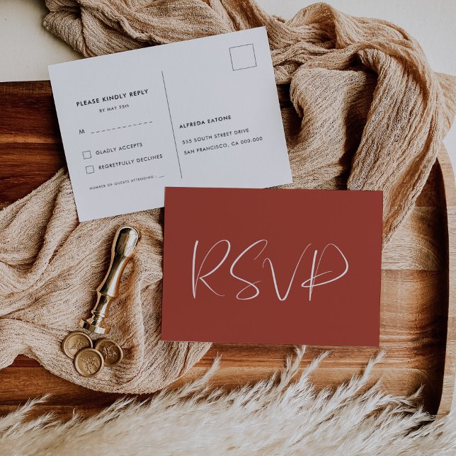 Elegante und moderne Terracotta Hochzeit RSVP Postkarte (Von Creator hochgeladen)