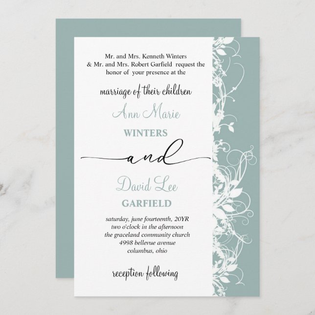 Elegante und moderne White Floral Script Hochzeit Einladung (Vorne/Hinten)