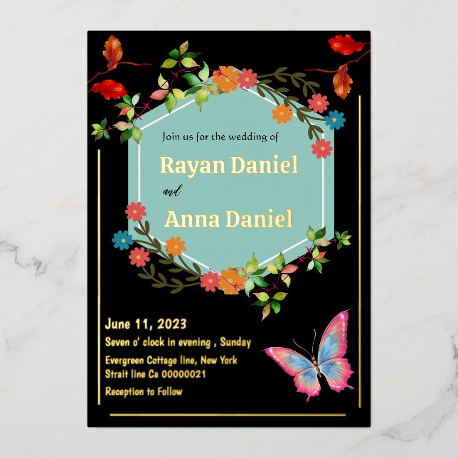 Elegante und neutrale Blume Blumenhochzeit Folieneinladung (Vorderseite)