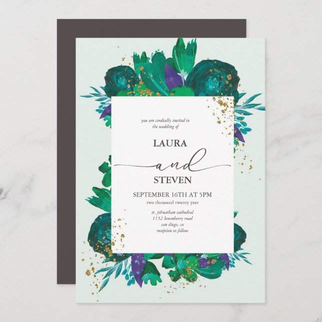 Elegante und opulente Blume und Goldflakes Hochzei Einladung (Vorne/Hinten)