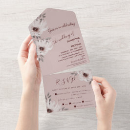 Elegante und romantische Rosa Blumenhochzeit All In One Einladung