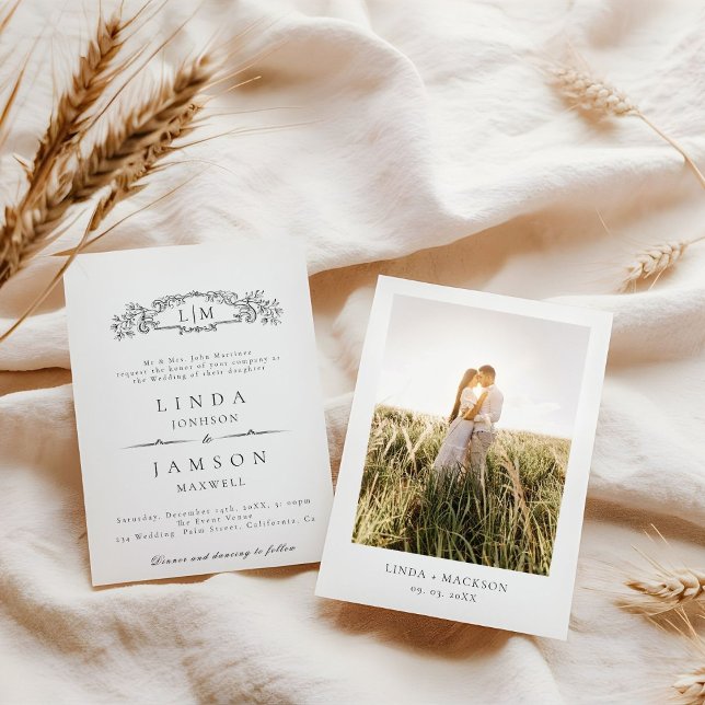 Elegante und schicke Hochzeit mit botanischem Wapp Einladung (Von Creator hochgeladen)