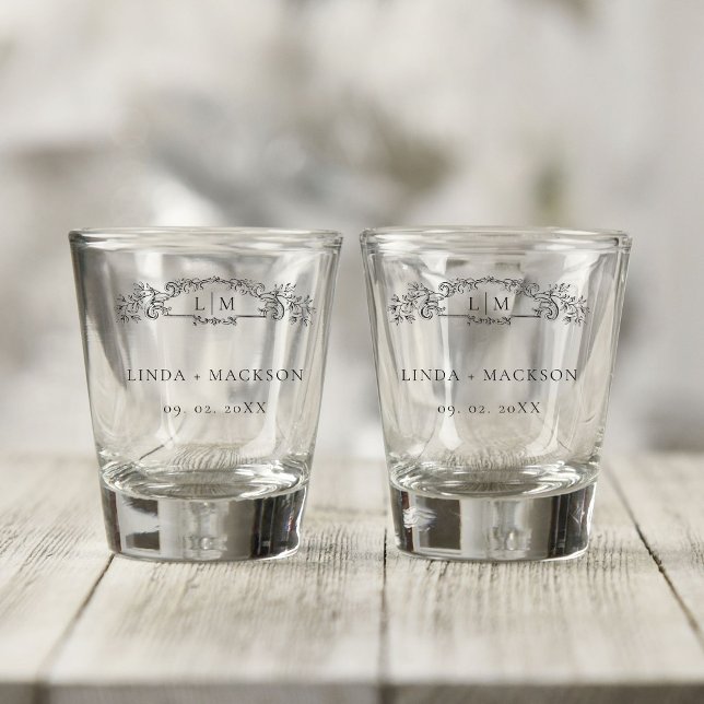 Elegante und schicke Hochzeit mit botanischem Wapp Schnapsglas (Von Creator hochgeladen)