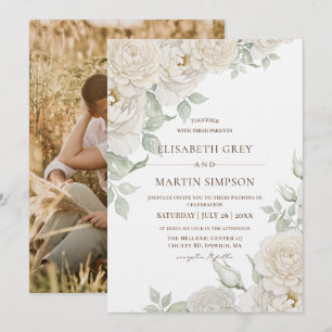 Elegante und zarte weiße Rosen-Aquarell-Hochzeit Einladung