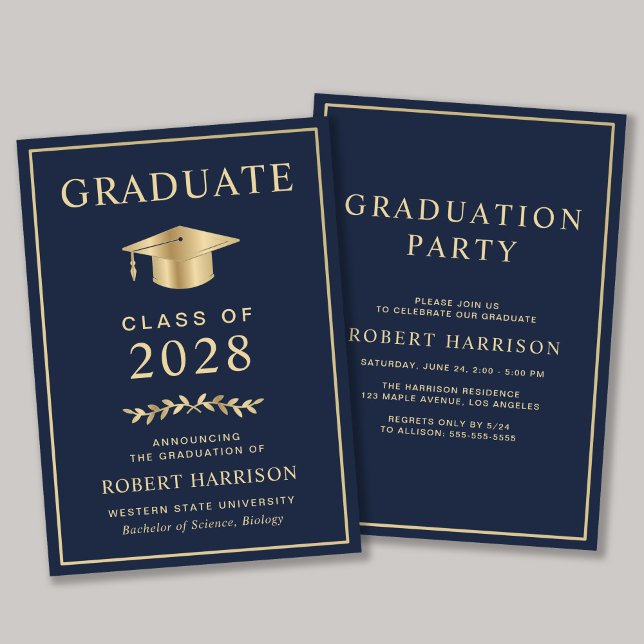 Elegante Uni Blue Gold Graduation Party Einladung (An elegant college graduation party invitation to celebrate the graduate's achievements)