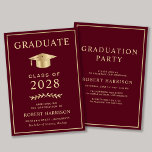 Elegante Uni Burgundy Gold Graduation Party Einladung<br><div class="desc">Elegante bordeauxrote Uni-Abschluss-Ankündigung und Party Einladung mit einem goldenen Graduiertendeckel und schlichter moderner Goldtypografie für den Namen,  das Klassenjahr,  die Uni oder die Hochschule,  den Abschluss und die Hauptfach- oder Ehrengänge. Fügen Sie auf der Rückseite die Details zum Abschluss hinzu.</div>