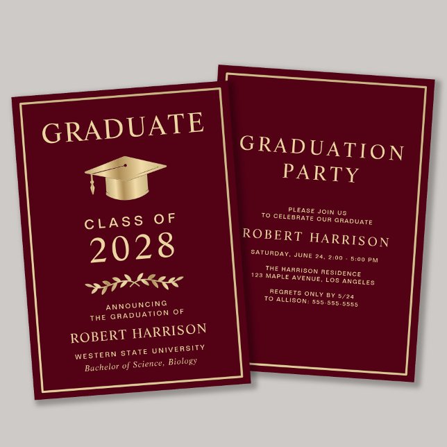 Elegante Uni Burgundy Gold Graduation Party Einladung (An elegant college graduation party invitation to celebrate the graduate's achievements)