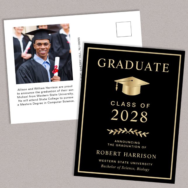 Elegante Uni Foto Black Gold Abschluss Ankündigungspostkarte (Von Creator hochgeladen)