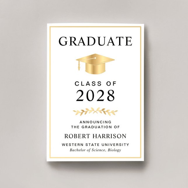 Elegante Uni Gold Abschluss Ankündigung (An elegant college graduation announcement to celebrate the graduate's achievements)