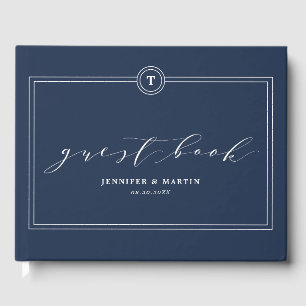 Elegante Unique Navy Monogram Calligraphy Wedding Gästebuch