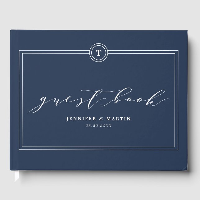 Elegante Unique Navy Monogram Calligraphy Wedding Gästebuch (Vorderseite)