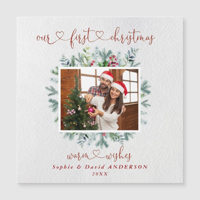 Elegante Unsere erste Weihnachtsfeier Foto Hochzei Magnetkarte (Vorderseite)