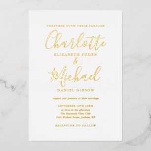 Elegante Unterschrift Kalligrafie Hochzeit Gold Folieneinladung
