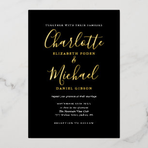 Elegante Unterschrift Schrift Hochzeit Schwarz und Folieneinladung