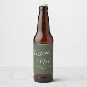 Elegante Unterschrift Schrift Olivgrüne Hochzeit Bierflaschenetikett