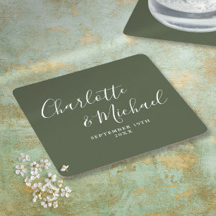 Elegante Unterschrift Schrift Olivgrüne Hochzeit Rechteckiger Pappuntersetzer