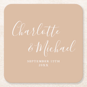 Elegante Unterschrift Schrift Tan Taupe Hochzeit Rechteckiger Pappuntersetzer