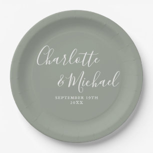 Elegante Unterschrift Schriftart Sage Green Hochze Pappteller