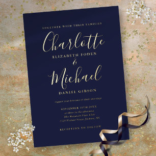 Elegante Unterschriftenschrift Navy Blau Hochzeit Folieneinladung