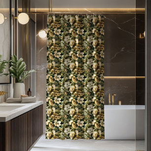 Elegante üppige Grünpflanzen und goldene Blumen Vo Duschvorhang