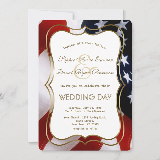 Elegante USA Flag Gold Wedding Custom Invite Einladung (Vorderseite)