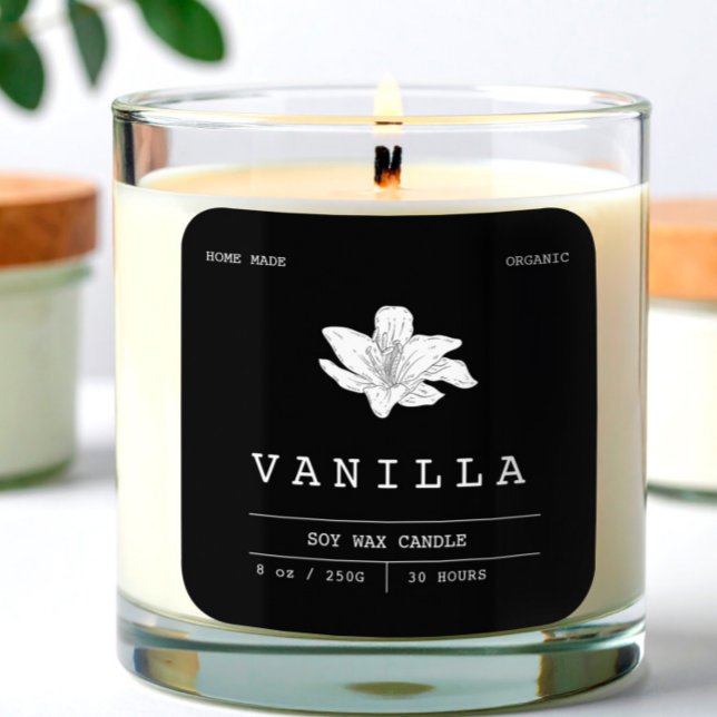 Elegante Vanilla Black & White Candle Labels Quadratischer Aufkleber (Elegant Vanilla Black & White Candle Labels )