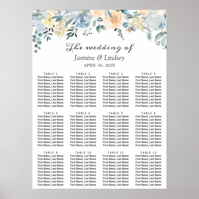 Elegante Vanilla Blue Floral Wedding Chart Poster (Vorne)