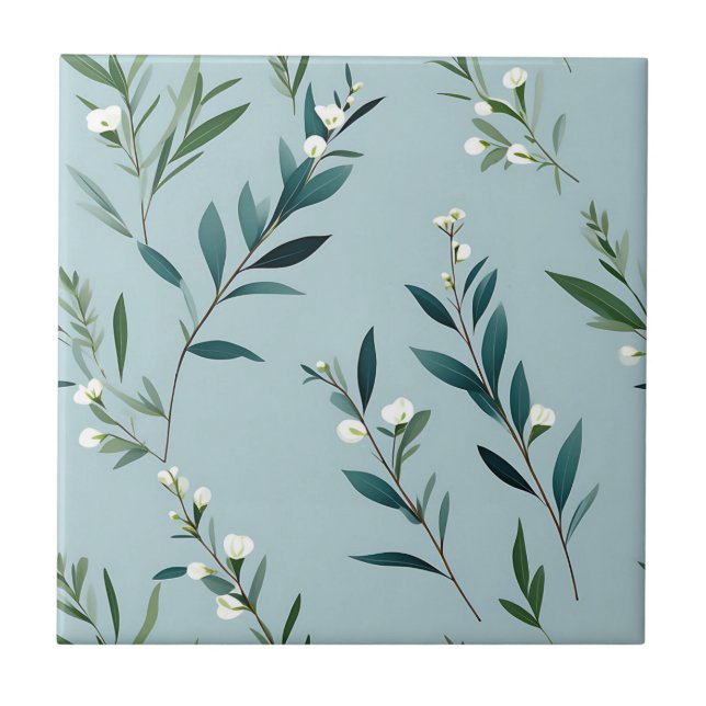 Elegante Vegetation auf Soft Dusty Blue Fliese (Vorderseite)