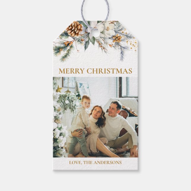 Elegante Vegetation & Foto | Mustard Gold Christma Geschenkanhänger (Vorderseite)