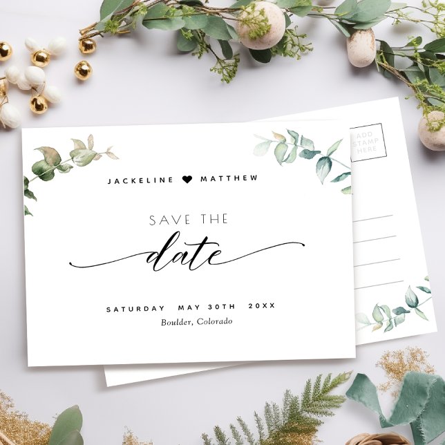 Elegante Vegetation, Script Wedding Save the Date Postkarte (Von Creator hochgeladen)