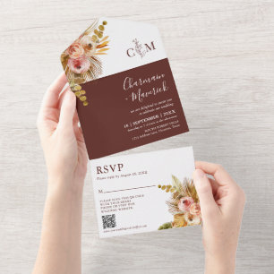 Elegante verbrannte orange Monogramm-QR-Code-Hochz All In One Einladung