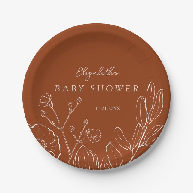 Elegante verbrannte orangefarbene botanische Blätt Pappteller (Vorderseite)