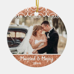 Elegante Verheiratet & Merry 2 Foto Rose Gold Erst Keramik Ornament