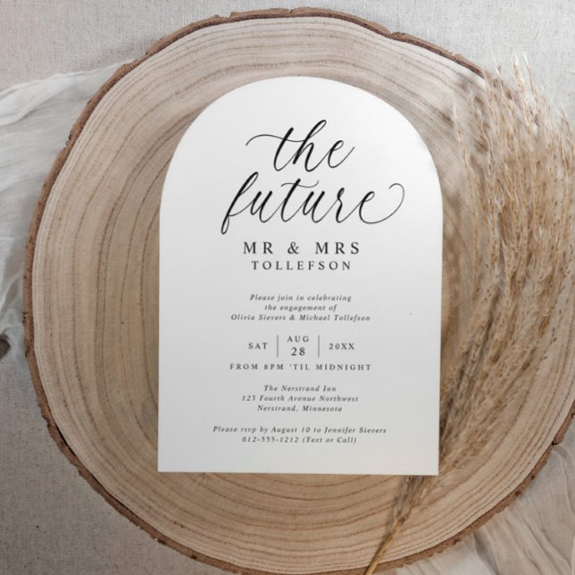 Elegante Verlobungsfeier Schwarz und Weiß Einladung (Elegant arch-shaped engagement party invitation with modern minimalist script and stylish)